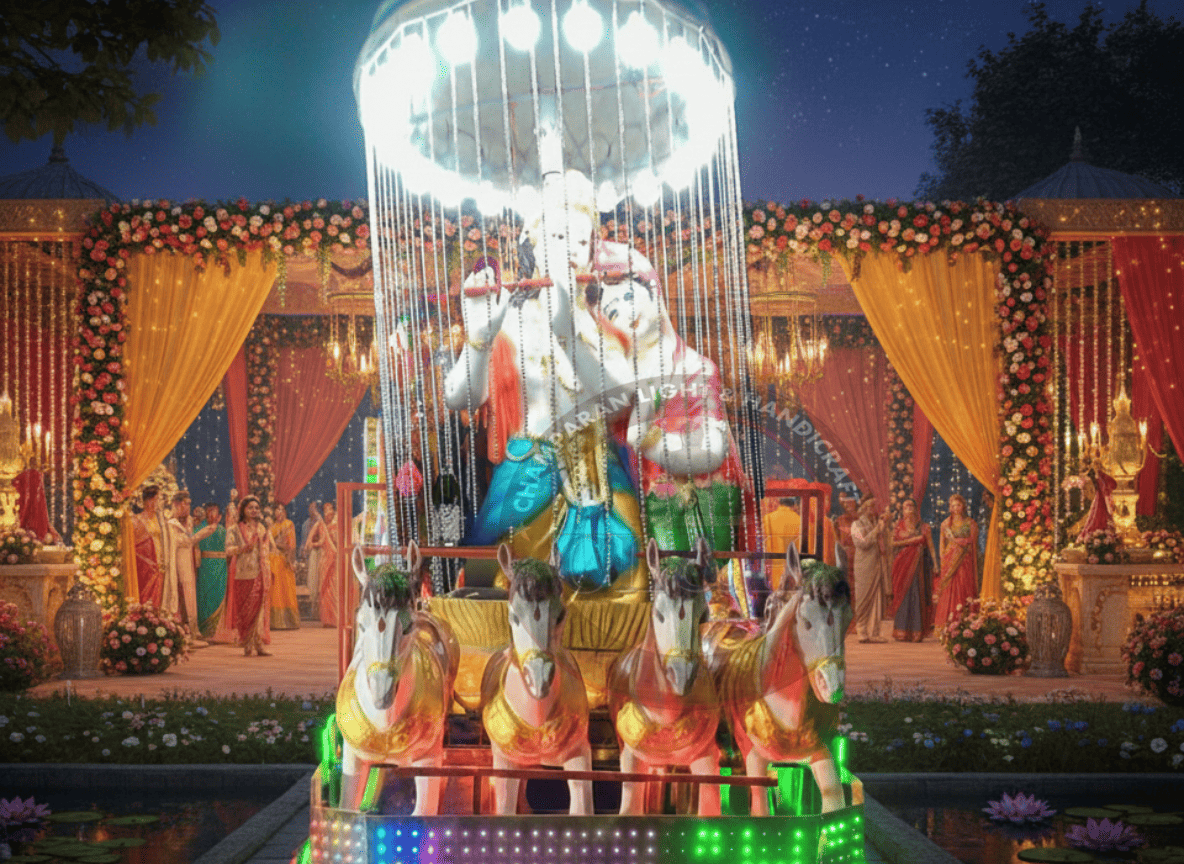 Fiber trolley light statue with decorative LED lighting for wedding processions and events.